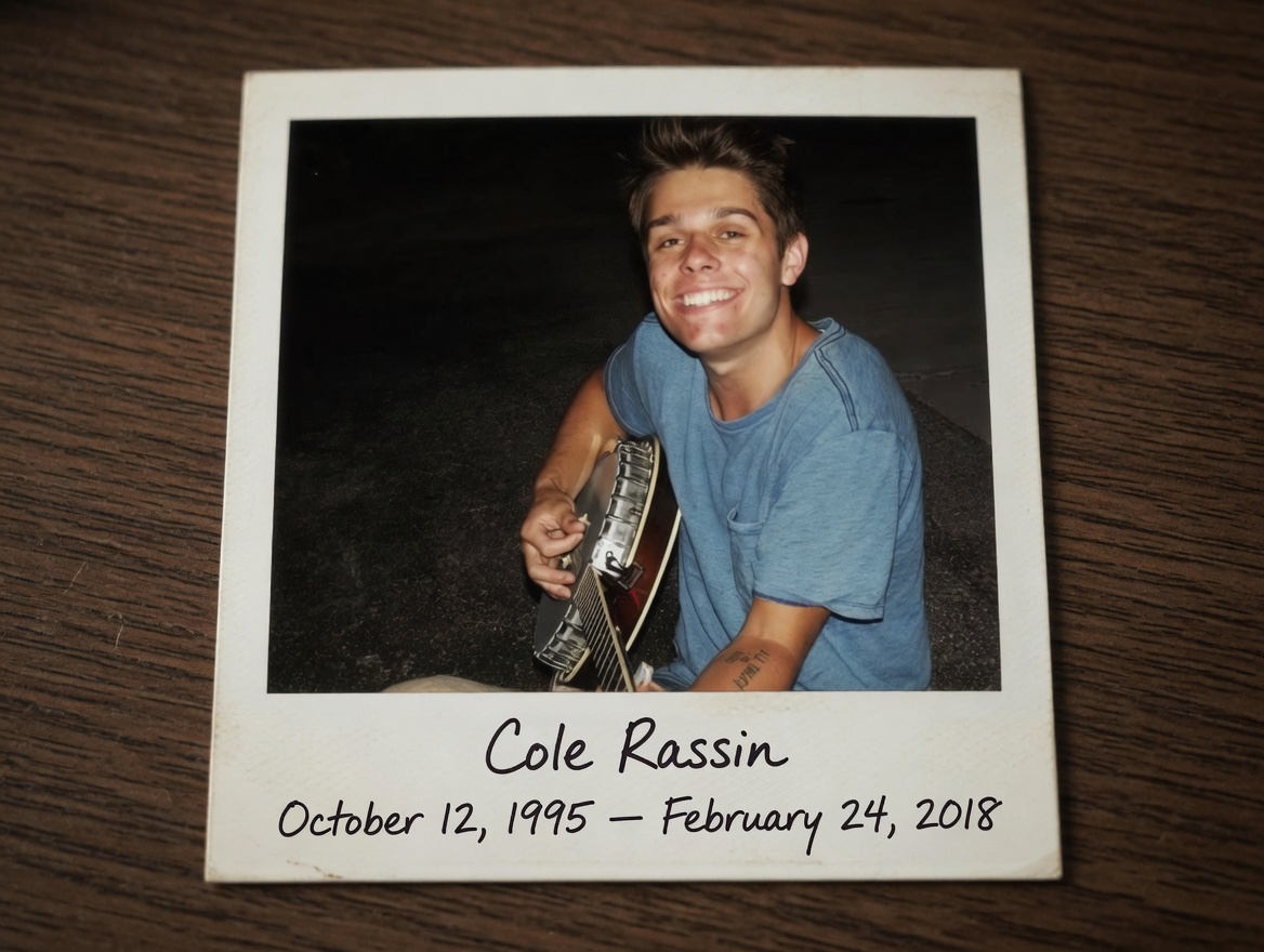 Cole Rassin, smiling with his banjo — polaroid with his name and dates handwritten below the photo, resting on a dark wood desk.