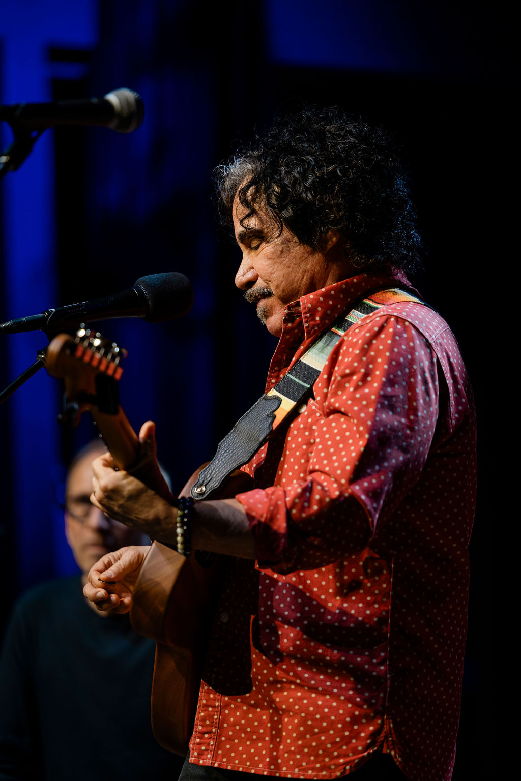 Vocalist at the microphone on a lit stage